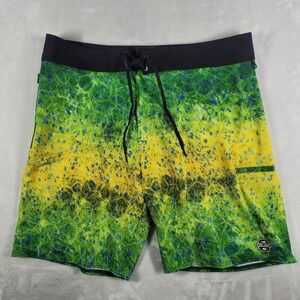 Pelagic Hydro Lite Board Shorts Men's 38 Green Yellow Scales Fishing Swim Trunks